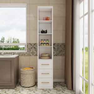 English Elm 15.75x85.04inch White Tall Narrow Storage Cabinet with Open Shelves and Three Drawers W5290P513575