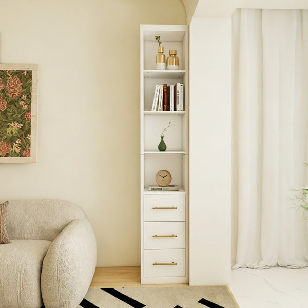 English Elm 15.75x85.04inch White Tall Narrow Storage Cabinet with Open Shelves and Three Drawers W5290P513575