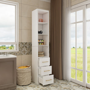 English Elm 15.75x85.04inch White Tall Narrow Storage Cabinet with Open Shelves and Three Drawers W5290P513575