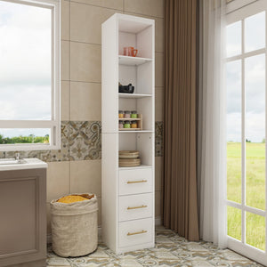 English Elm 15.75x85.04inch White Tall Narrow Storage Cabinet with Open Shelves and Three Drawers W5290P513575