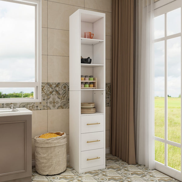 English Elm 15.75x85.04inch White Tall Narrow Storage Cabinet with Open Shelves and Three Drawers W5290P513575