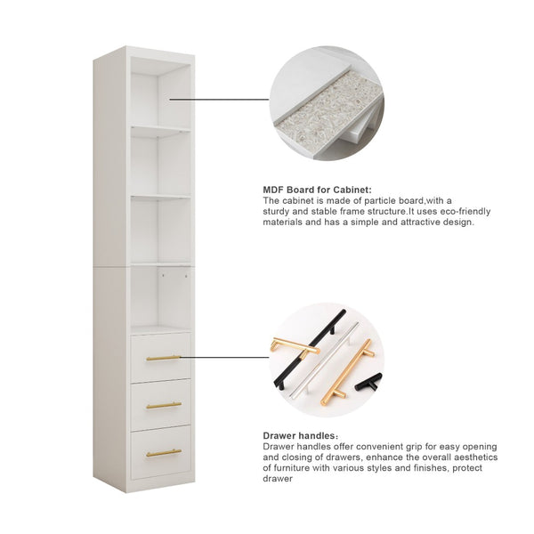 English Elm 15.75x85.04inch White Tall Narrow Storage Cabinet with Open Shelves and Three Drawers W5290P513575