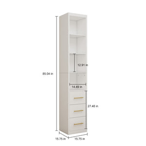 English Elm 15.75x85.04inch White Tall Narrow Storage Cabinet with Open Shelves and Three Drawers W5290P513575