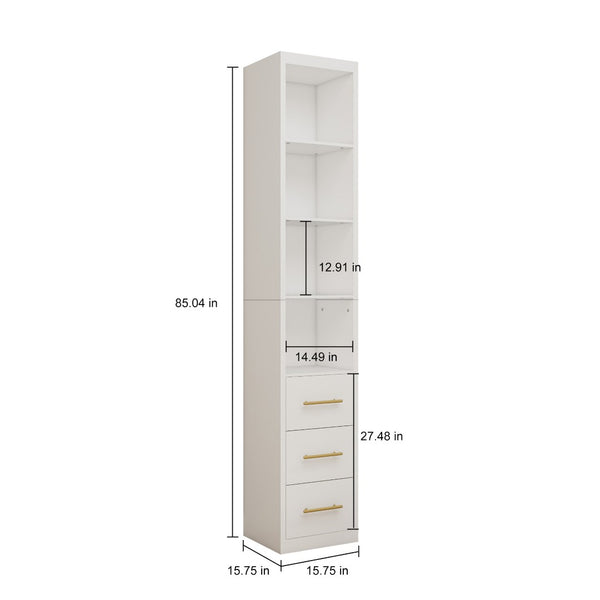English Elm 15.75x85.04inch White Tall Narrow Storage Cabinet with Open Shelves and Three Drawers W5290P513575