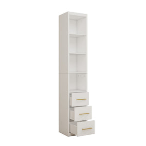 English Elm 15.75x85.04inch White Tall Narrow Storage Cabinet with Open Shelves and Three Drawers W5290P513575