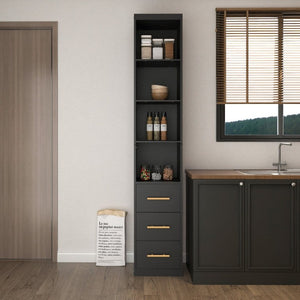 English Elm 85.04 Inch Tall Narrow Storage Cabinet with Open Shelves and Drawers in Matte Black W5290P514789