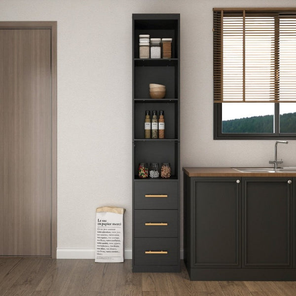 English Elm 85.04 Inch Tall Narrow Storage Cabinet with Open Shelves and Drawers in Matte Black W5290P514789
