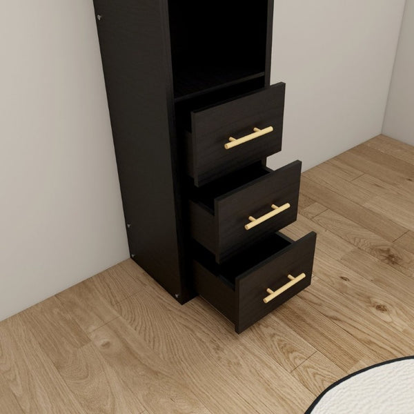 English Elm 85.04 Inch Tall Narrow Storage Cabinet with Open Shelves and Drawers in Matte Black W5290P514789