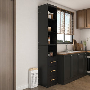 English Elm 85.04 Inch Tall Narrow Storage Cabinet with Open Shelves and Drawers in Matte Black W5290P514789