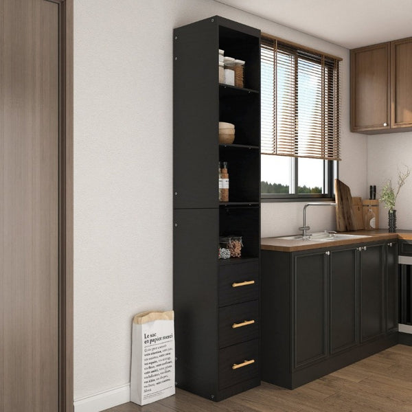 English Elm 85.04 Inch Tall Narrow Storage Cabinet with Open Shelves and Drawers in Matte Black W5290P514789