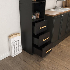 English Elm 85.04 Inch Tall Narrow Storage Cabinet with Open Shelves and Drawers in Matte Black W5290P514789