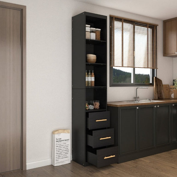 English Elm 85.04 Inch Tall Narrow Storage Cabinet with Open Shelves and Drawers in Matte Black W5290P514789