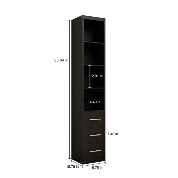 English Elm 85.04 Inch Tall Narrow Storage Cabinet with Open Shelves and Drawers in Matte Black W5290P514789