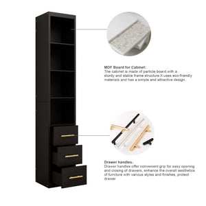 English Elm 85.04 Inch Tall Narrow Storage Cabinet with Open Shelves and Drawers in Matte Black W5290P514789