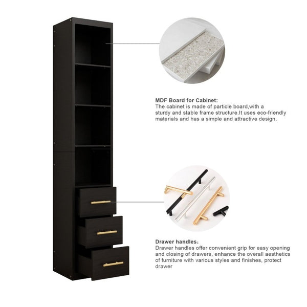 English Elm 85.04 Inch Tall Narrow Storage Cabinet with Open Shelves and Drawers in Matte Black W5290P514789