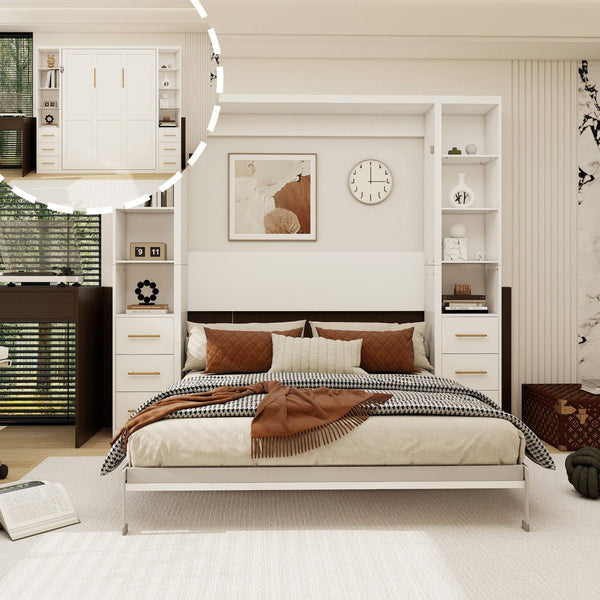English Elm Professional Queen Murphy Bed with Flanking Storage Cabinets for Modern Multi-Use Spaces W5290S00010