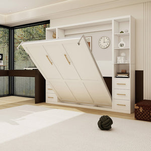 English Elm Professional Queen Murphy Bed with Flanking Storage Cabinets for Modern Multi-Use Spaces W5290S00010