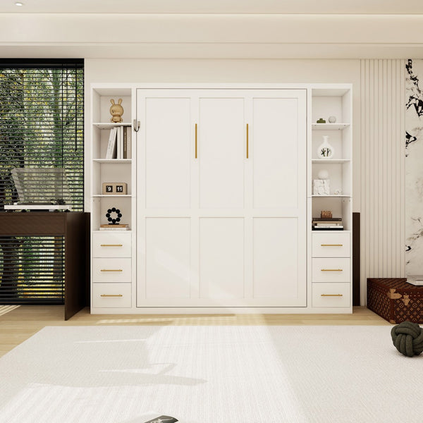 English Elm Professional Queen Murphy Bed with Flanking Storage Cabinets for Modern Multi-Use Spaces W5290S00010