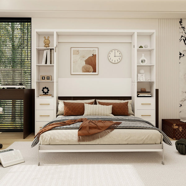 English Elm Professional Queen Murphy Bed with Flanking Storage Cabinets for Modern Multi-Use Spaces W5290S00010