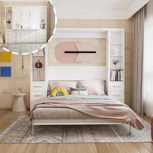 English Elm Desk Murphy Wall Bed Queen with Fold Down Workspace and Side Storage Cabinets W5290S00013