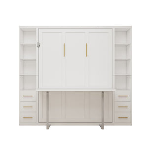 English Elm Desk Murphy Wall Bed Queen with Fold Down Workspace and Side Storage Cabinets W5290S00013