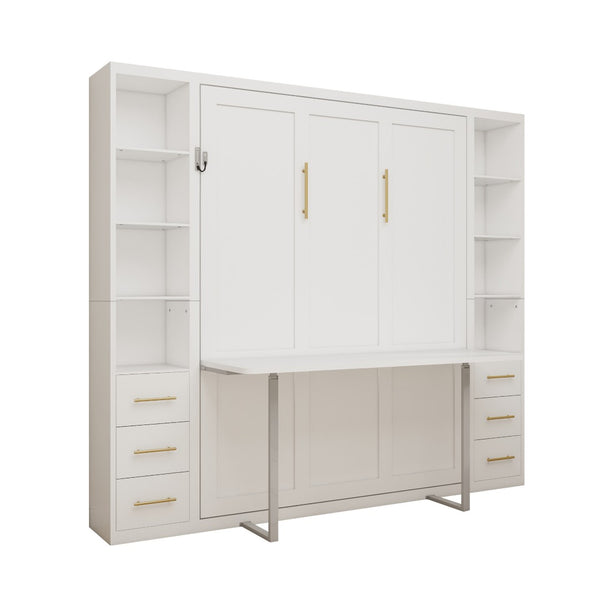 English Elm Desk Murphy Wall Bed Queen with Fold Down Workspace and Side Storage Cabinets W5290S00013