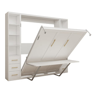 English Elm Desk Murphy Wall Bed Queen with Fold Down Workspace and Side Storage Cabinets W5290S00013