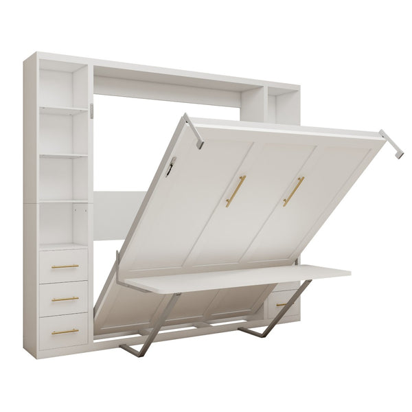 English Elm Desk Murphy Wall Bed Queen with Fold Down Workspace and Side Storage Cabinets W5290S00013
