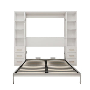 English Elm Desk Murphy Wall Bed Queen with Fold Down Workspace and Side Storage Cabinets W5290S00013