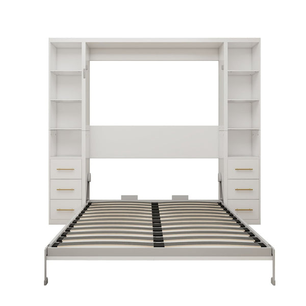 English Elm Desk Murphy Wall Bed Queen with Fold Down Workspace and Side Storage Cabinets W5290S00013