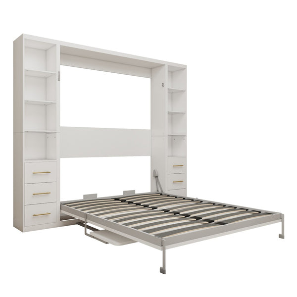 English Elm Desk Murphy Wall Bed Queen with Fold Down Workspace and Side Storage Cabinets W5290S00013