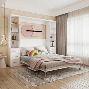 English Elm Desk Murphy Wall Bed Queen with Fold Down Workspace and Side Storage Cabinets W5290S00013