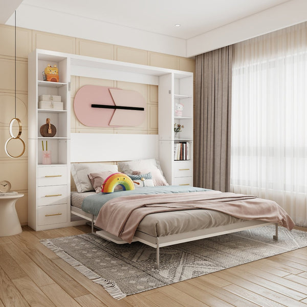 English Elm Desk Murphy Wall Bed Queen with Fold Down Workspace and Side Storage Cabinets W5290S00013