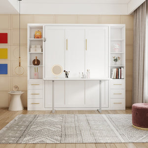 English Elm Desk Murphy Wall Bed Queen with Fold Down Workspace and Side Storage Cabinets W5290S00013