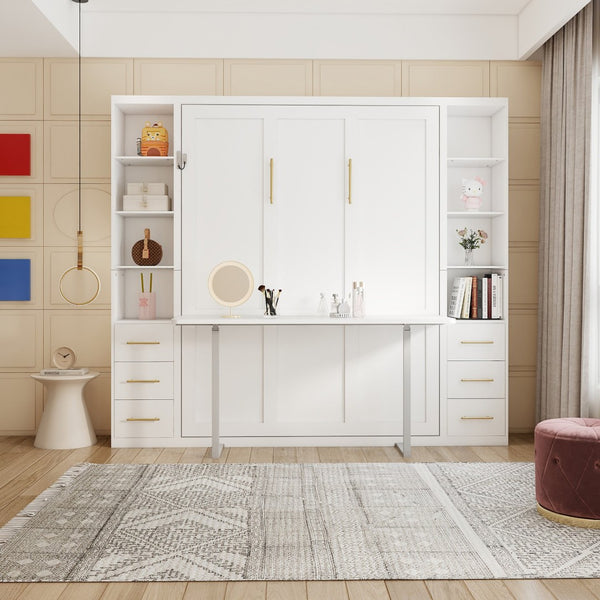 English Elm Desk Murphy Wall Bed Queen with Fold Down Workspace and Side Storage Cabinets W5290S00013