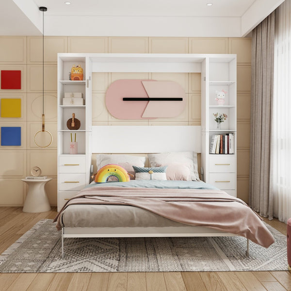English Elm Desk Murphy Wall Bed Queen with Fold Down Workspace and Side Storage Cabinets W5290S00013