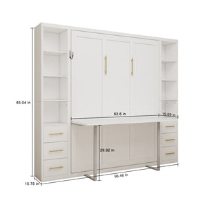 English Elm Desk Murphy Wall Bed Queen with Fold Down Workspace and Side Storage Cabinets W5290S00013