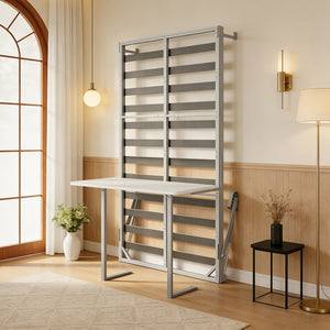 English Elm Diy Queen Murphy Bed with Integrated Desk White Cabinet Grey Metal Frame Space Saver W5290S00014