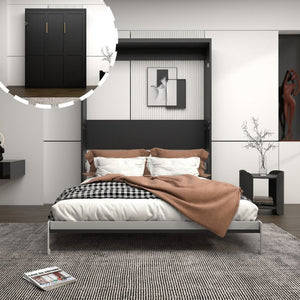 English Elm Queen Murphy Wall Bed Black MDF Cabinet Folds Flush for Home Office or Guest Room W5290S00016