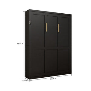 English Elm Queen Murphy Wall Bed Black MDF Cabinet Folds Flush for Home Office or Guest Room W5290S00016