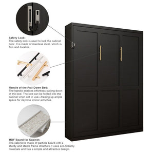 English Elm Queen Murphy Wall Bed Black MDF Cabinet Folds Flush for Home Office or Guest Room W5290S00016