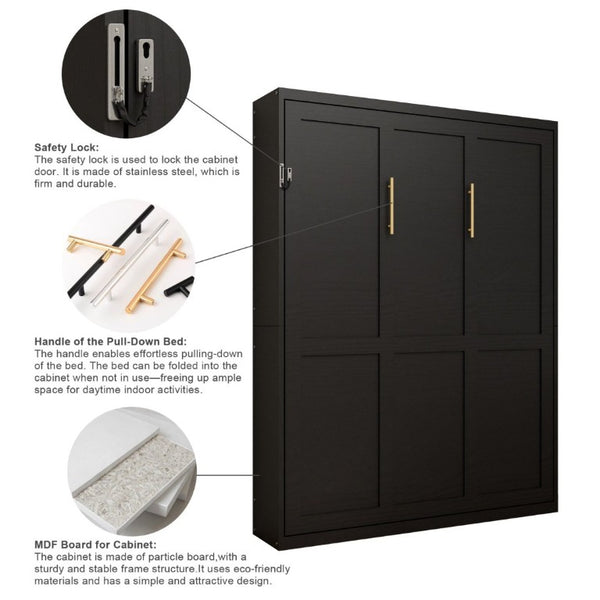 English Elm Queen Murphy Wall Bed Black MDF Cabinet Folds Flush for Home Office or Guest Room W5290S00016