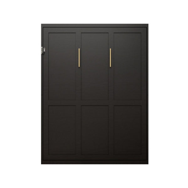 English Elm Queen Murphy Wall Bed Black MDF Cabinet Folds Flush for Home Office or Guest Room W5290S00016