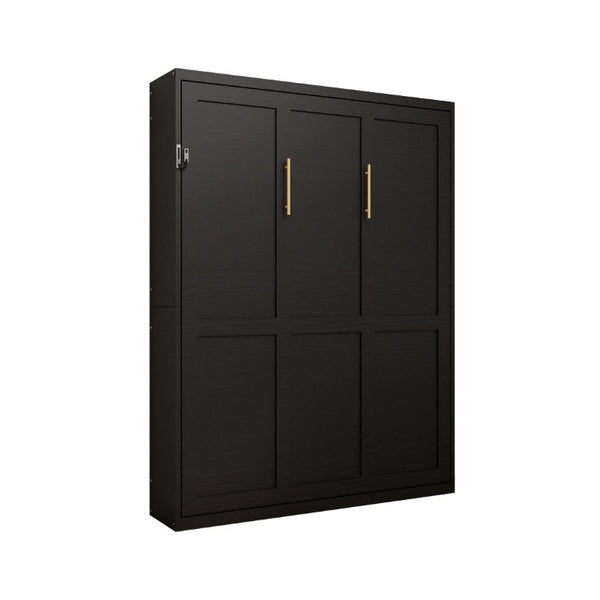 English Elm Queen Murphy Wall Bed Black MDF Cabinet Folds Flush for Home Office or Guest Room W5290S00016
