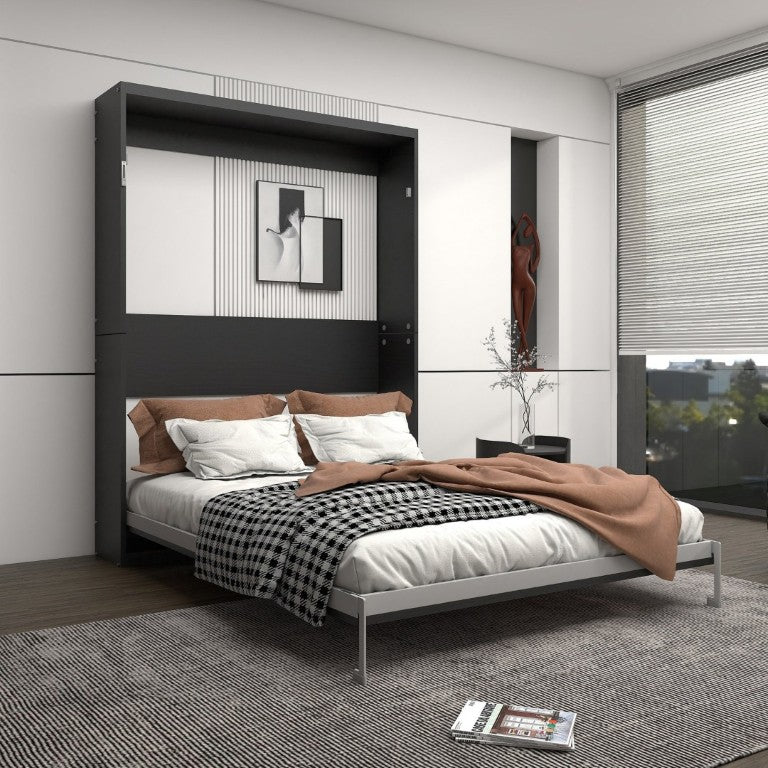 English Elm Queen Murphy Wall Bed Black MDF Cabinet Folds Flush for Home Office or Guest Room W5290S00016