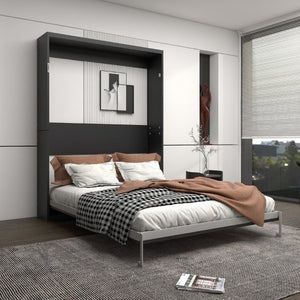 English Elm Queen Murphy Wall Bed Black MDF Cabinet Folds Flush for Home Office or Guest Room W5290S00016
