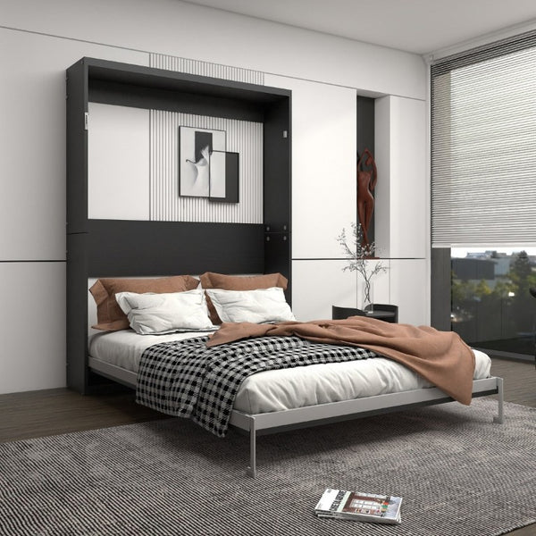 English Elm Queen Murphy Wall Bed Black MDF Cabinet Folds Flush for Home Office or Guest Room W5290S00016
