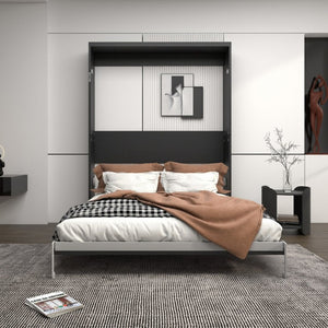 English Elm Queen Murphy Wall Bed Black MDF Cabinet Folds Flush for Home Office or Guest Room W5290S00016