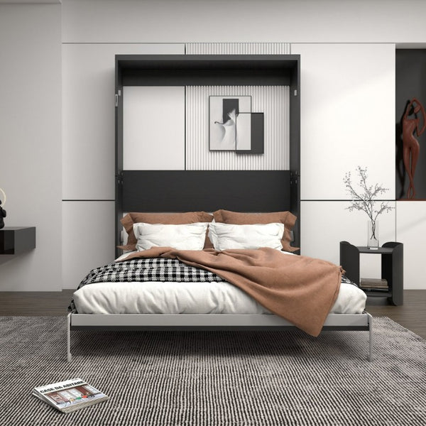 English Elm Queen Murphy Wall Bed Black MDF Cabinet Folds Flush for Home Office or Guest Room W5290S00016