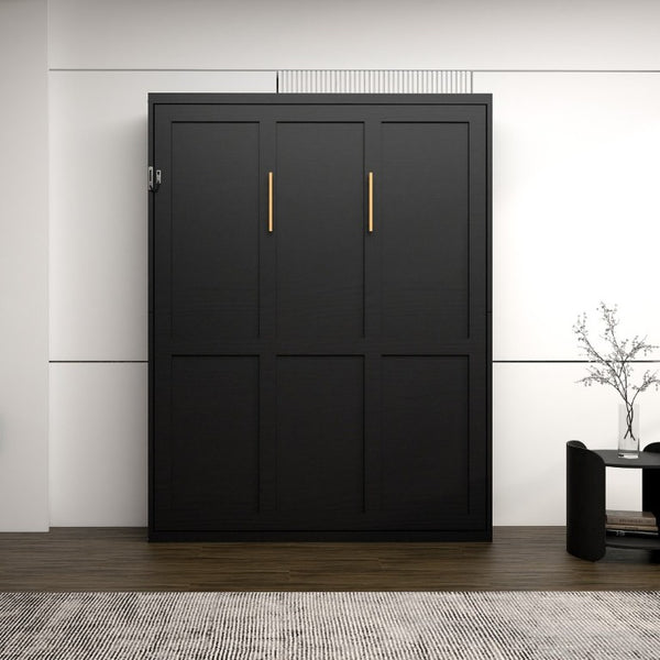 English Elm Queen Murphy Wall Bed Black MDF Cabinet Folds Flush for Home Office or Guest Room W5290S00016